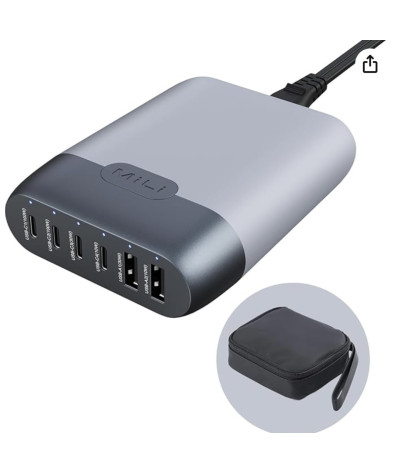 MiLi GaN 6-portowa ładowarka 140 W z torbą, zasilacz sieciowy z 4 USB-C i 2 USB-A, stacja szybkiego ładowania