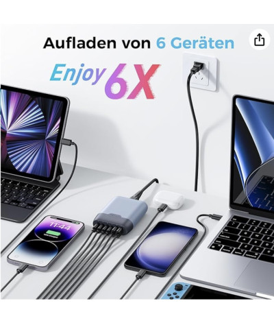 MiLi GaN 6-portowa ładowarka 140 W z torbą, zasilacz sieciowy z 4 USB-C i 2 USB-A, stacja szybkiego ładowania