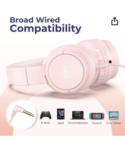 Słuchawki Tribit z mikrofonem, słuchawki przewodowe nauszne dla dziewcząt z ograniczoną głośnością 85 dB/94 dB, gniazdo 3,5 mm